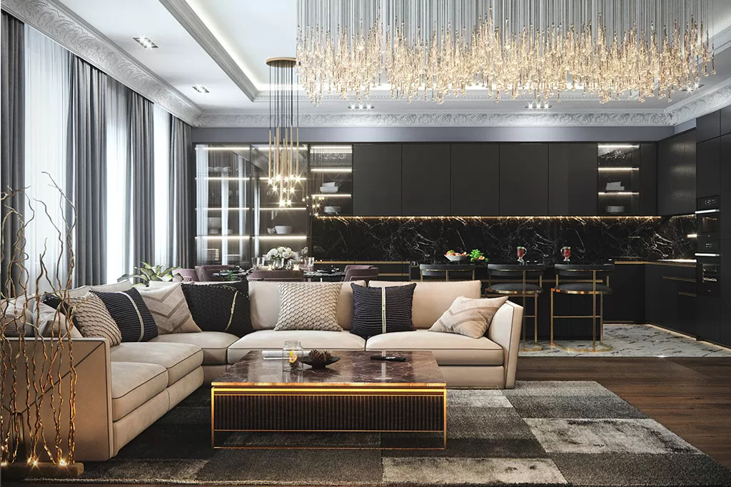 Сучасна вітальня у стилі мінімалізм із темно-сірим диваном, зеленими акцентними кріслами та круглим столиком 